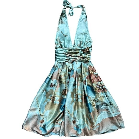 Adrianna Papell 100% Silk Halter Tie Dress Green Blue Brown Women's size 4 - Picture 5 of 11